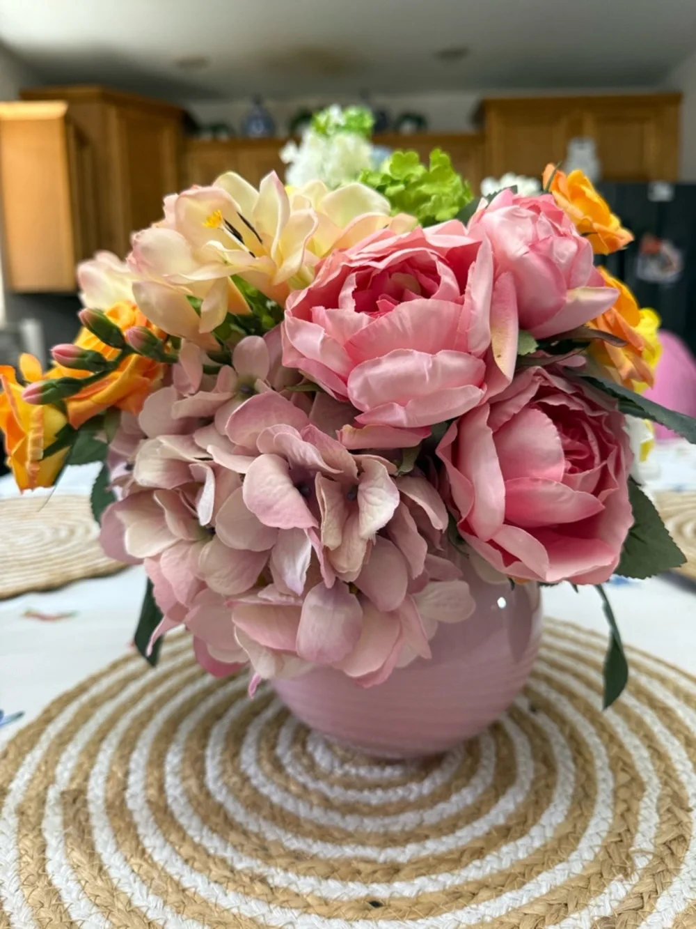 Pink Peony & Hydrangea Faux Floral Arrangement in Pink Vase